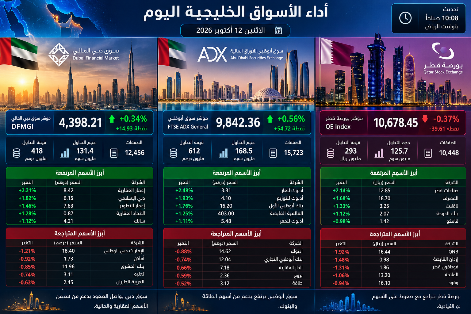 أسواق الخليج اليوم 12 أكتوبر 2026.. دبي ترتفع وأبوظبي تتراجع قليلًا وضغوط على بورصة قطر